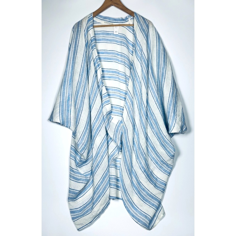 Vitamin A Linen Kimono Cover up One Size Blue White Stripe Oversized Coastal